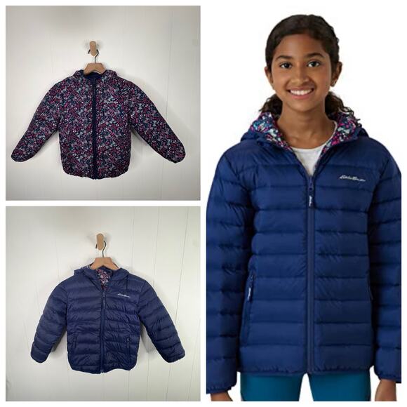 Eddie Bauer Reversible Down Puffer Jacket Toddler Girl XS 5/6 Winter Coat Floral - Picture 1 of 13